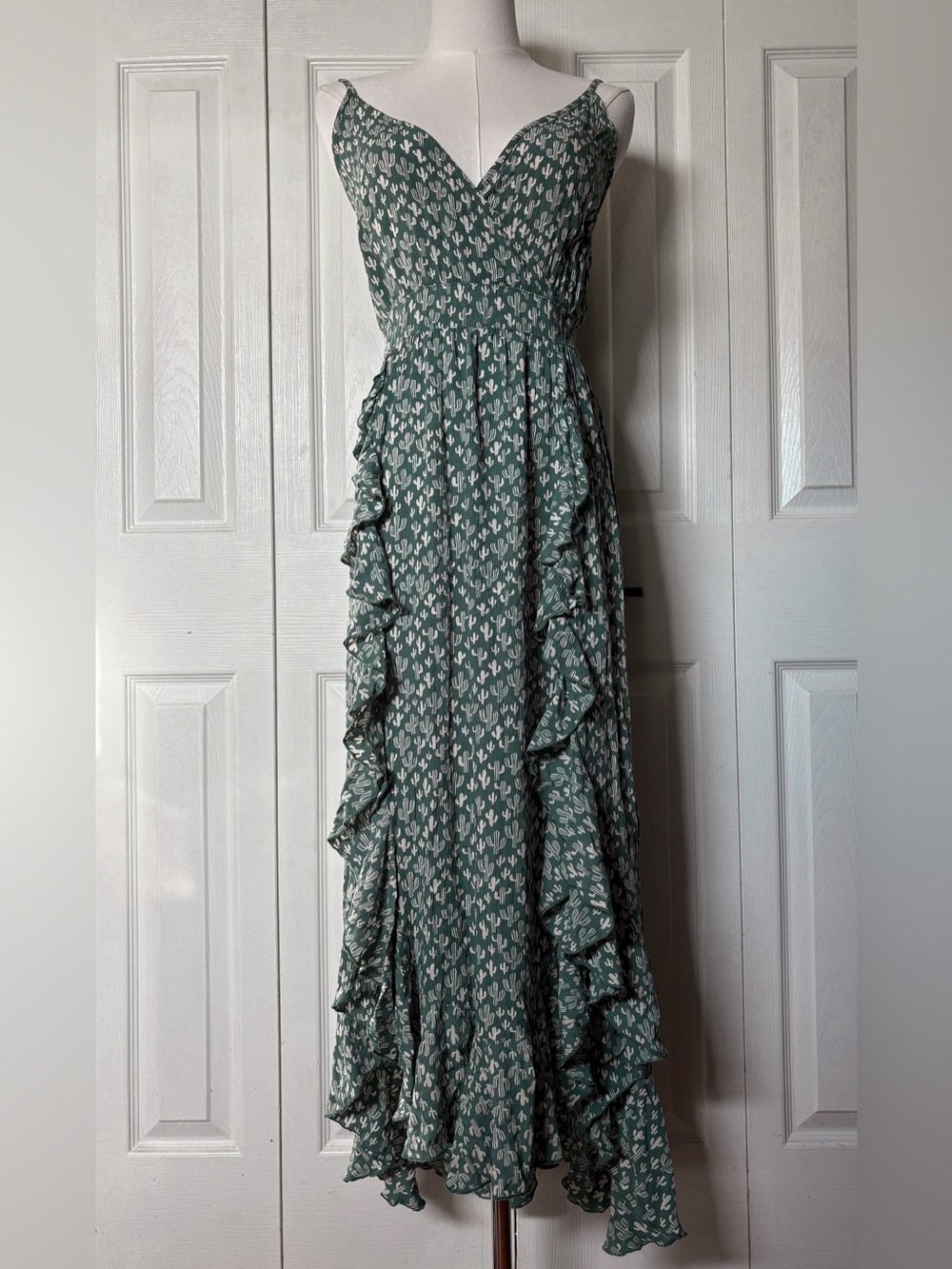 Angie Western Maxi Dress Ruffle Hem Cactus Print